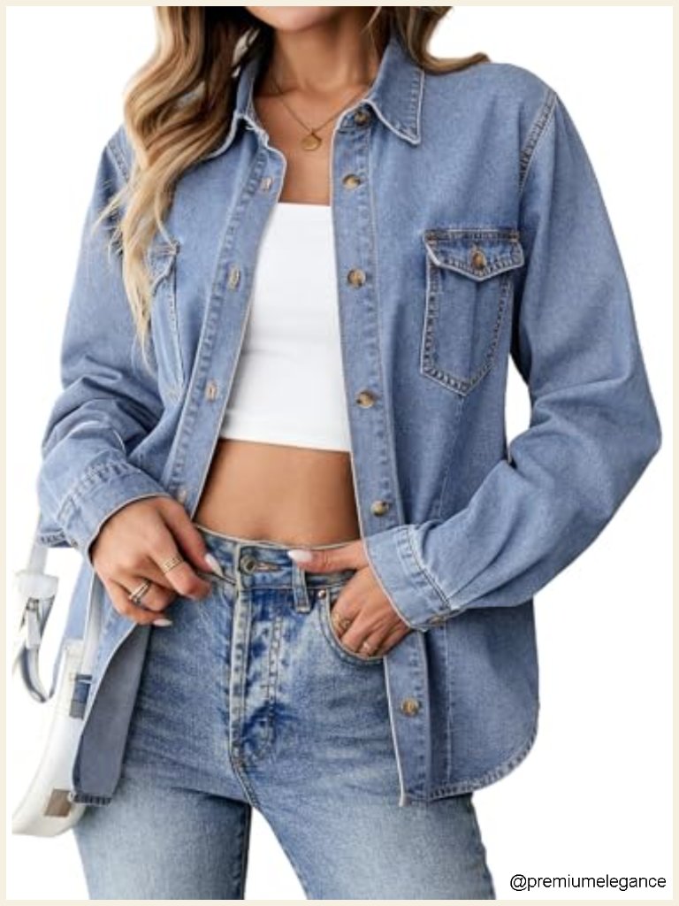 Oversized Denim Shirt Long Sleeve Button Down Casual Trendy Top